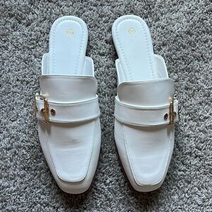 Mysoft White Mules with Gold Buckle
